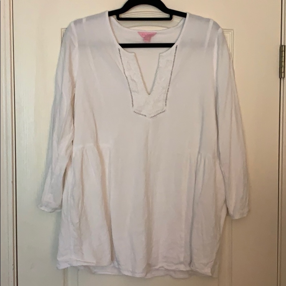 LILLY PULITZER White tunic embroidery size Large knit coastal beach 🏝️